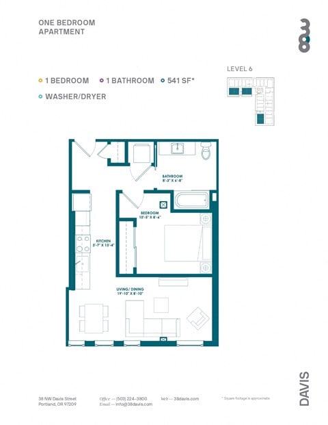 Floor plan for 1 bed, 1 bath, 601 sqft